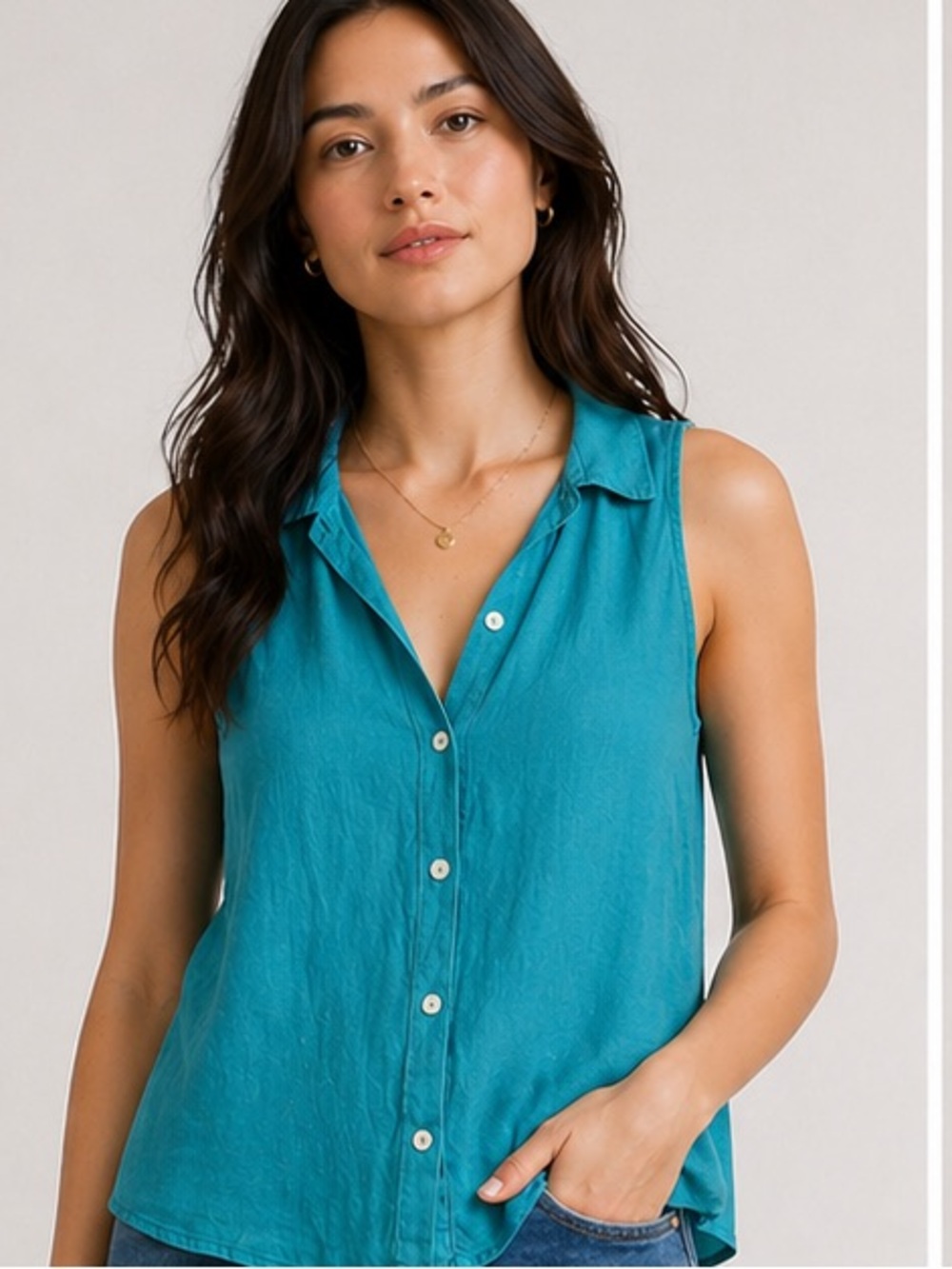 FLAX Linen Sleeveless Button Front Top Large Teal Lagenlook Made in Lithuania